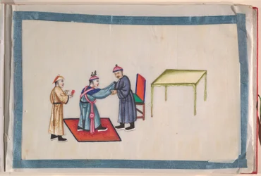 Album, eind 19e eeuw (album van twaalf bladen; inkt en kleur op pith papier, gebonden in rood damast)