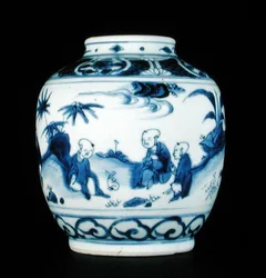 Blauw-witte pot beschilderd met jongens met een haas, Wanli of Chongzheng, 1600-30