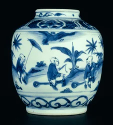 Blauw-witte pot beschilderd met spelende jongens op stokpaardjes, Wanli of Chongzheng, 1600-30