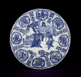 Blauw-witte kraak schaal beschilderd met krijgers, Wanli, 1590-1610 (porselein)