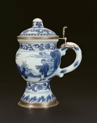 Blauw-witte mosterdpot met deksel beschilderd met een geleerde en bediende, Chongzheng, 1635-40 (porselein)
