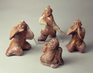 Vroege Chinese groep van vier entertainers van aardewerk, grafartefact, Han-dynastie, 25-220 n.Chr.