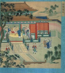Keizer Hsien Ti (fl.189-220) met geleerden die klassieke teksten vertalen, uit een geschiedenis van Chinese keizers