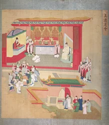 Keizer Hui Tsung (r.1100-26) oefent met de boeddhistische sekte Tao-See, uit een Geschiedenis van de Keizers van China