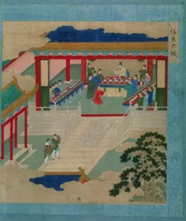 Keizer Hui Tsung (r.1100-26) die deelneemt aan een festival waarbij hij drinkt uit een beker van edelsteen, uit een geschiedenis van Chinese keizers