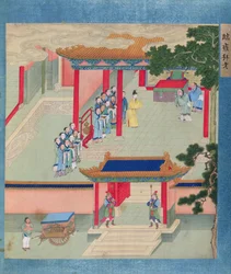 Keizer Ming Ti (r.57-75 n.Chr.) eert twee oude mannen, uit een geschiedenis van Chinese keizers