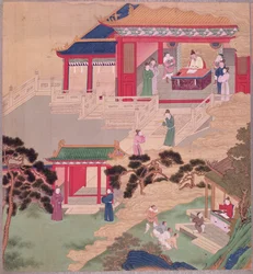 Keizer Tai Tsung (r.762-779) leest een medisch boek, uit een geschiedenis van Chinese keizers