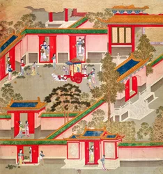 Keizer Wu Ti (156-87, r.141-87 v.Chr.) verlaat zijn paleis, uit een geschiedenis van Chinese keizers