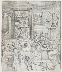 Lazarus in het huis van de rijke man, plaat uit Giulio Alenis Tianzhu jiangsheng zhuxiang jingjie (Een geïllustreerde geschiedenis van de Heer des Hemels die vleesgeworden is)