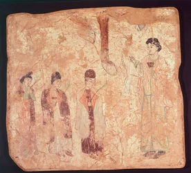 Nestoriaans onderwerp, mogelijk Palmzondag, muurschildering uit de Cristano Qoco-tempel, Xinjiang, China, Chinese beschaving, Tang-dynastie, eind 9e eeuw