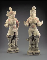 Paar Lokapala-figuren, Tang-dynastie (618-907) (aardewerk)