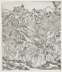 De aanbidding van Christus, plaat uit Giulio Alenis Tianzhu jiangsheng zhuxiang jingjie (Een geïllustreerde geschiedenis van de Heer des Hemels die vleesgeworden is)