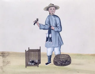 De duivenverkoper, uit een boek over de straatroepen van Peking, ca. 1785