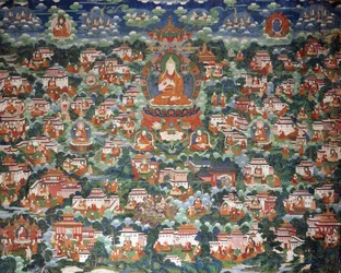 Tsong-Kha-Pa, zittend op een lotus, omringd door verschillende discipelen