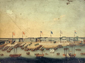 Uitzicht op de Hongs in Canton met de Deense, Oostenrijkse, Amerikaanse, Zweedse, Britse en Nederlandse fabrieken