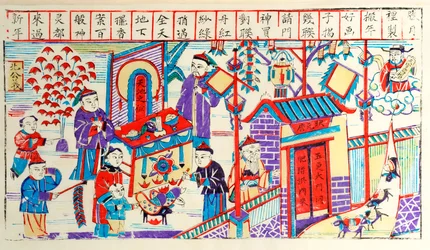 Houtsnede die de activiteit van een Chinees huishouden tijdens een festival toont