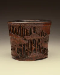 Grote penseelpot met de Zeven Wijzen van het Bamboebos bij hun literaire bezigheden in een bamboebos, Kang-hsi periode (1662-1722), Ching dynastie