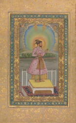 Shah Jahan op een terras, met een hanger met zijn portret, folio..., 1627-28