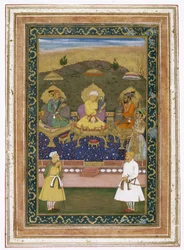 De keizers Akbar, Jahangir en Shah Jahan met hun ministers en prins Dara Shikoh, c.1630-40
