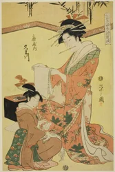 Schoonheden die de zeven wijzen parodiëren - Een selectie van jongere courtisanes (Shichi kenjin yatsushi bijin shinzo zoroe): Kumegawa van de Ogiya