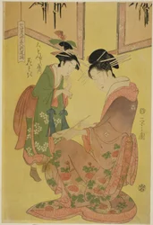 Schoonheden die de Zeven Wijzen Parodiëren - Een Selectie van Jongere Courtisanes (Shichi kenjin yatsushi bijin shinzo zoroe): Hanasaki van de Daimonjiya