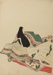 Zittende hofdame, driekwart van achteren gezien, plaat uit het album: Nishiki-zuri onna sanju rokkasen e-zukushi