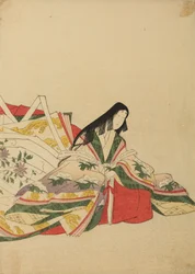 Zittende hofdame, leunend op een waaier, plaat uit het album: Nishiki-zuri onna sanju rokkasen e-zukushi