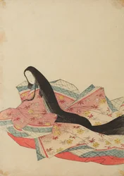 Zittende hofdame, naar links gewend, in lila-roze gewaad, plaat uit het album: Nishiki-zuri onna sanju rokkasen e-zukushi