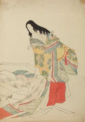 Staande hofdame met waaier, plaat uit het album: Nishiki-zuri onna sanju e-zukushi
