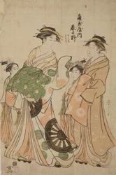 Oiran Katsugano uit het huis Kadotama-ya met een gezellin en twee kamuro