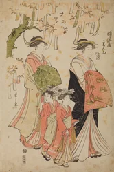 Oiran Renzan, geboren Tawaraya, met een metgezel en twee kamuro, Chidori en Tatsuta