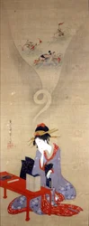 Oiran die nadenkt. Werk van Eishi (1756-1815). Genua, Museo Chiossone.