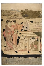 Deel van een horizontale pentaptych van Sumida Rivier scène