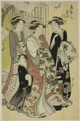 Sugawara van de Tsuruya met de bedienden Mumeno en Takeno