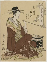 De courtisane Ariwara van de Tsuruya zittend bij een rokende kist, midden jaren 1790