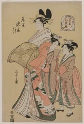 De courtisane Takihime en bedienden (uit de serie Nieuwe patronen van jonge groenen)