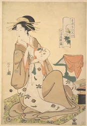 De oiran Hinazuru van Chōjiya met een ronde waaier (uchiwa)