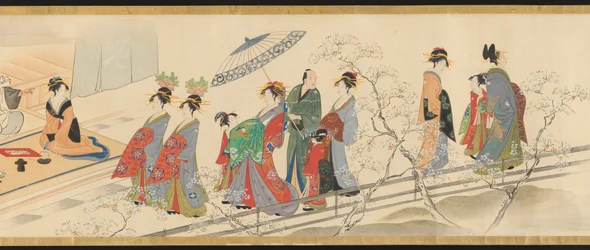 Drie geluksgoden bezoeken Yoshiwara; of „Taferelen van genot op het hoogtepunt van de lente“