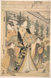 Twee oiran met twee vrouwelijke begeleiders in Yoshiwara