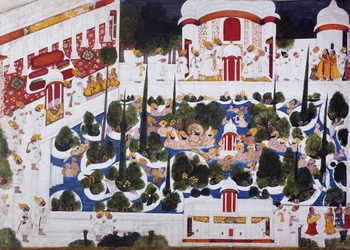 Maharana Bhim Singh speelt met edelen in het paleiszwembad, 1803