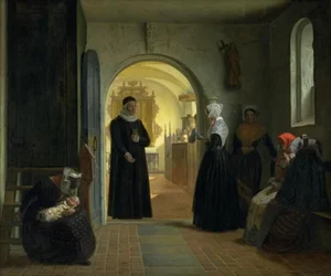 Een vrouw na de bevalling in de kerk