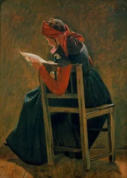 Een jong meisje frem Salling leest. Studie.