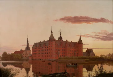 Frederiksborg Paleis gezien vanaf Jægerbakken. Avond.