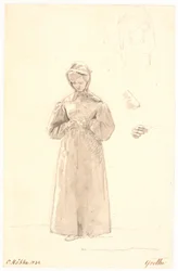 Studie van de zus van de kunstenaar Cecilie Margrethe, rechts twee schetsen van haar hoofd en schetsen van haar hals en schouder en van haar rechterhand