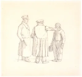 Drie personen in gesprek; met de rug naar ons toe bakker Kjøbke, links majoor Krohn en rechts slavensergeant Sprøch