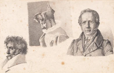 Blad met drie portretten: Bakker Kjøbke, Sophie Krohn en N. Feilberg