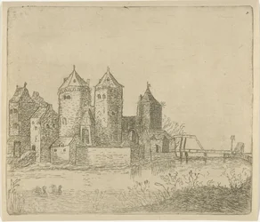Gezicht op een kasteel met een slotgracht