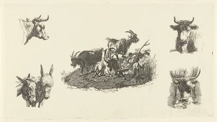 Drie geiten met aan weerzijden koeienkoppen en ezelskoppen