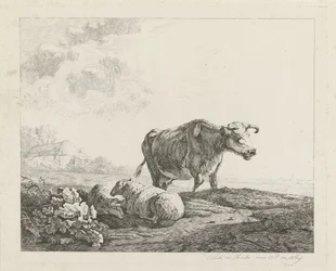 Landschap met een koe en twee schapen