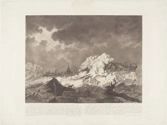 Gezicht der Ysgang en Dijkbreuk te Vuuren bij Gorcum op 22 februari 1799